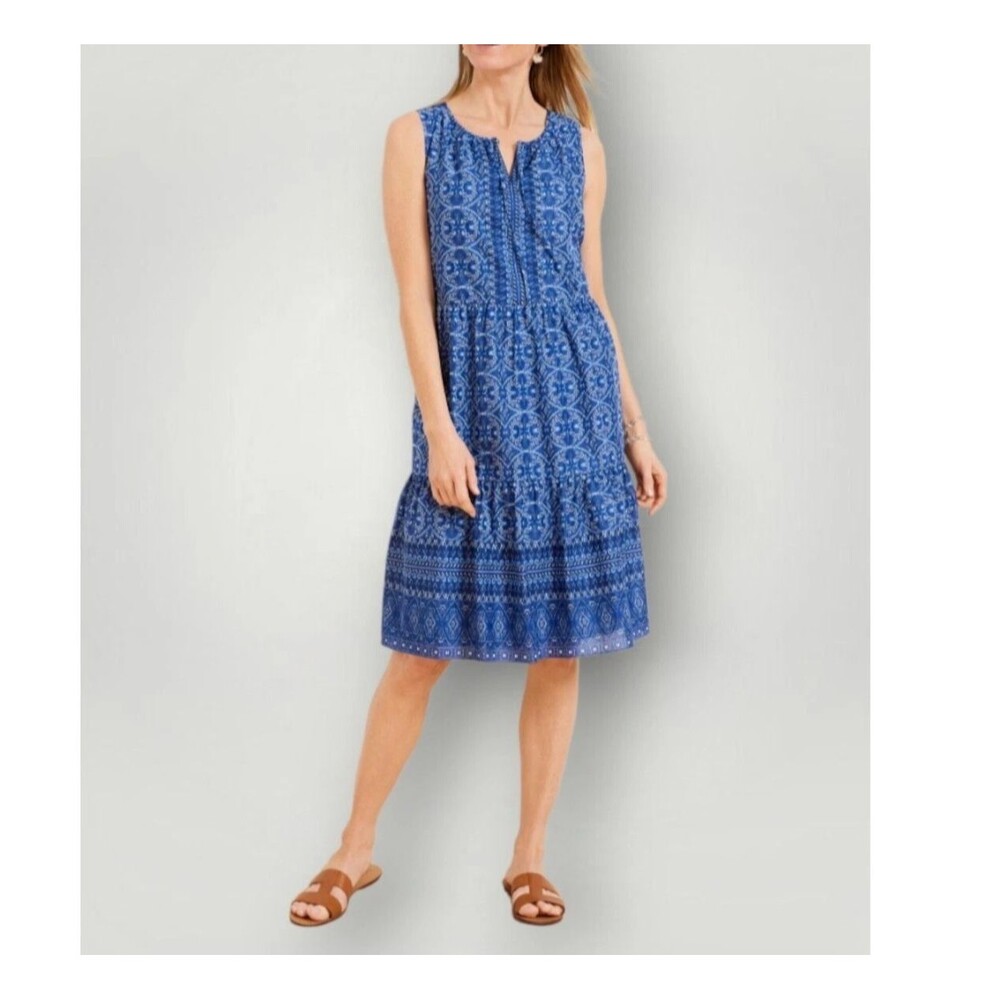 Talbots Voile Swing Dress Womens Large Blue White Cotton Medallion Print
